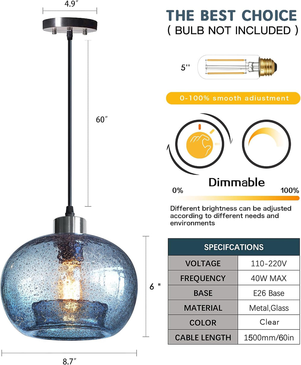 CASAMOTION Glass Pendant Lights Kitchen Island, Marble Blue 8.7 Inch 2 Pack