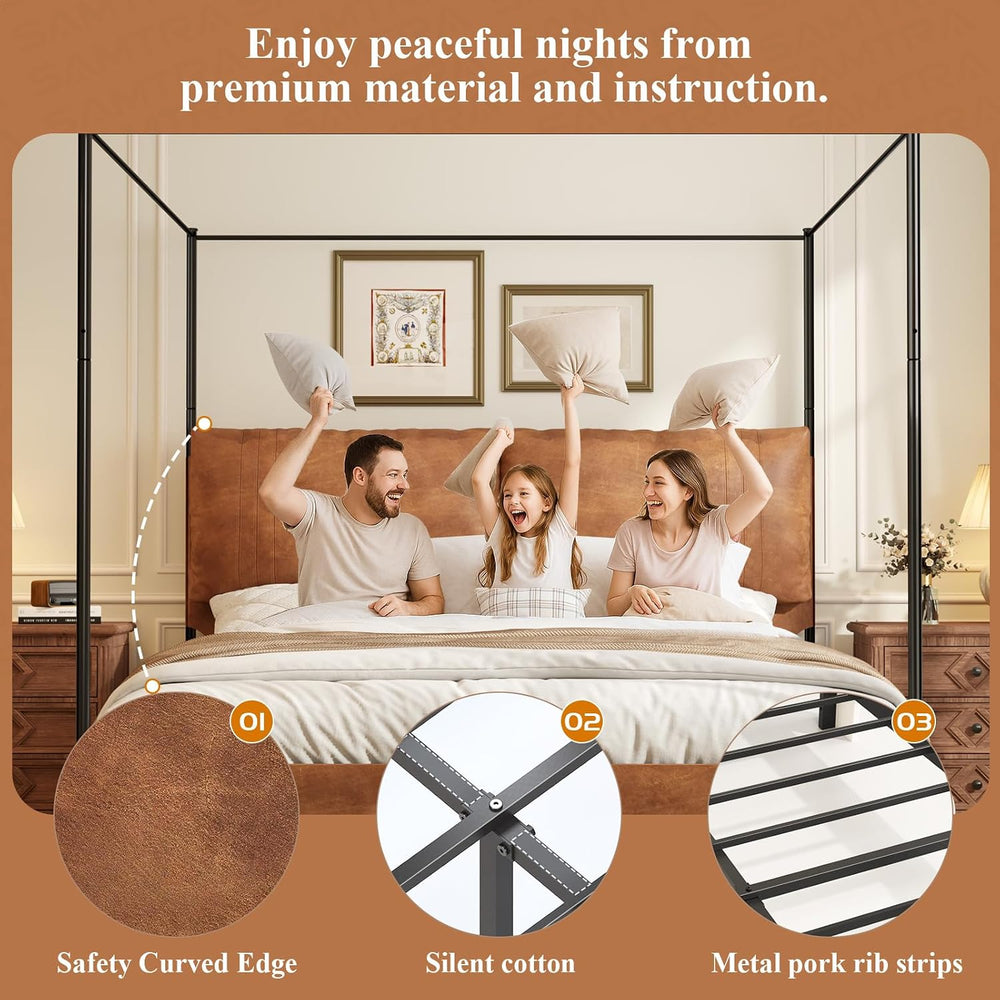 King Canopy Bed Frame with Tall Upholstered Faux Leather Headboard