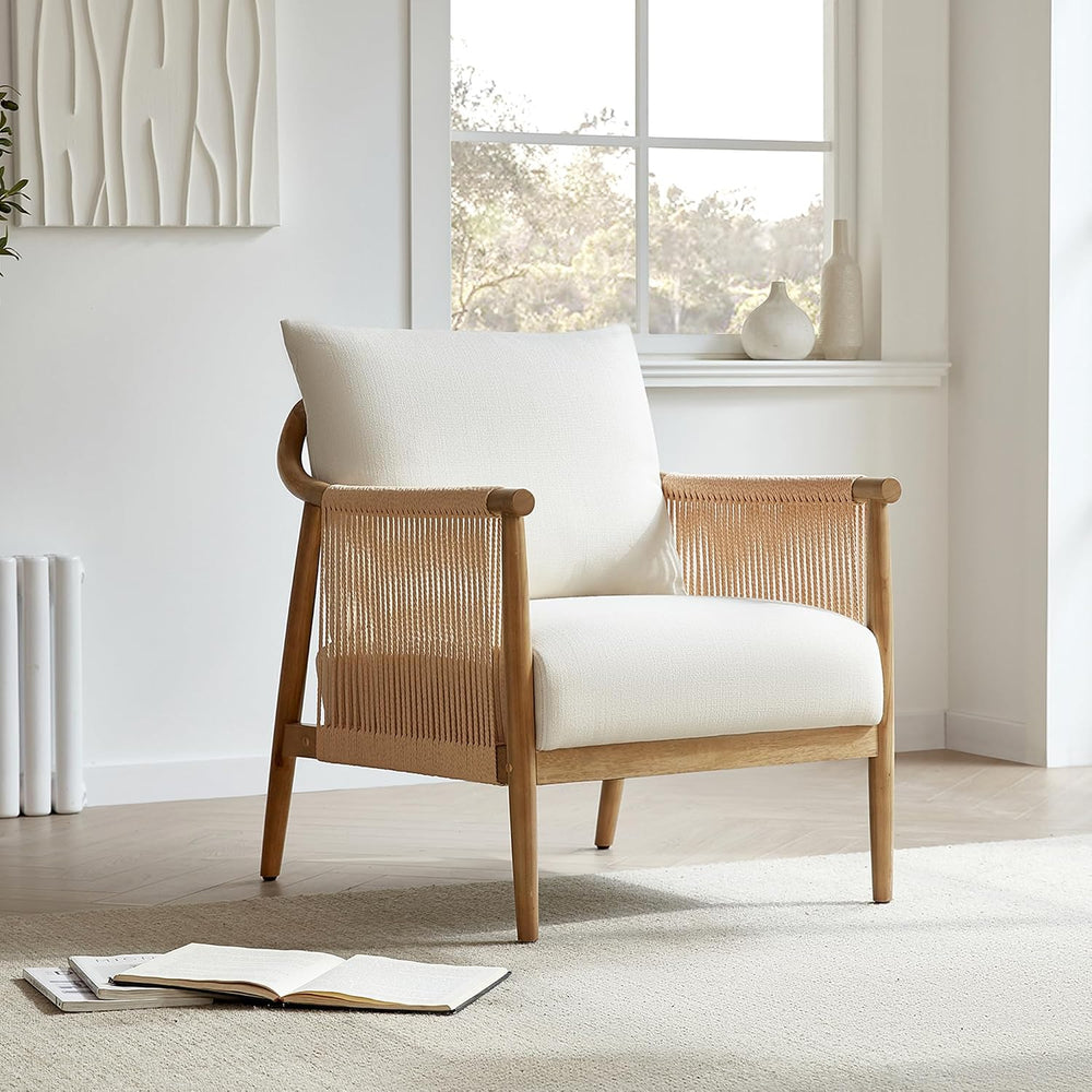CHITA Braid Accent Chair Set of 2, Wood Frame and Paper-Cord Armrest, Cream