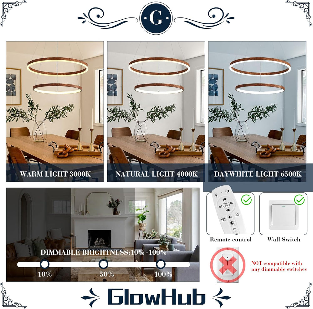 GlowHub Modern LED Chandelier for Dining Room 2 Ring Wood Grain Hanging Light...