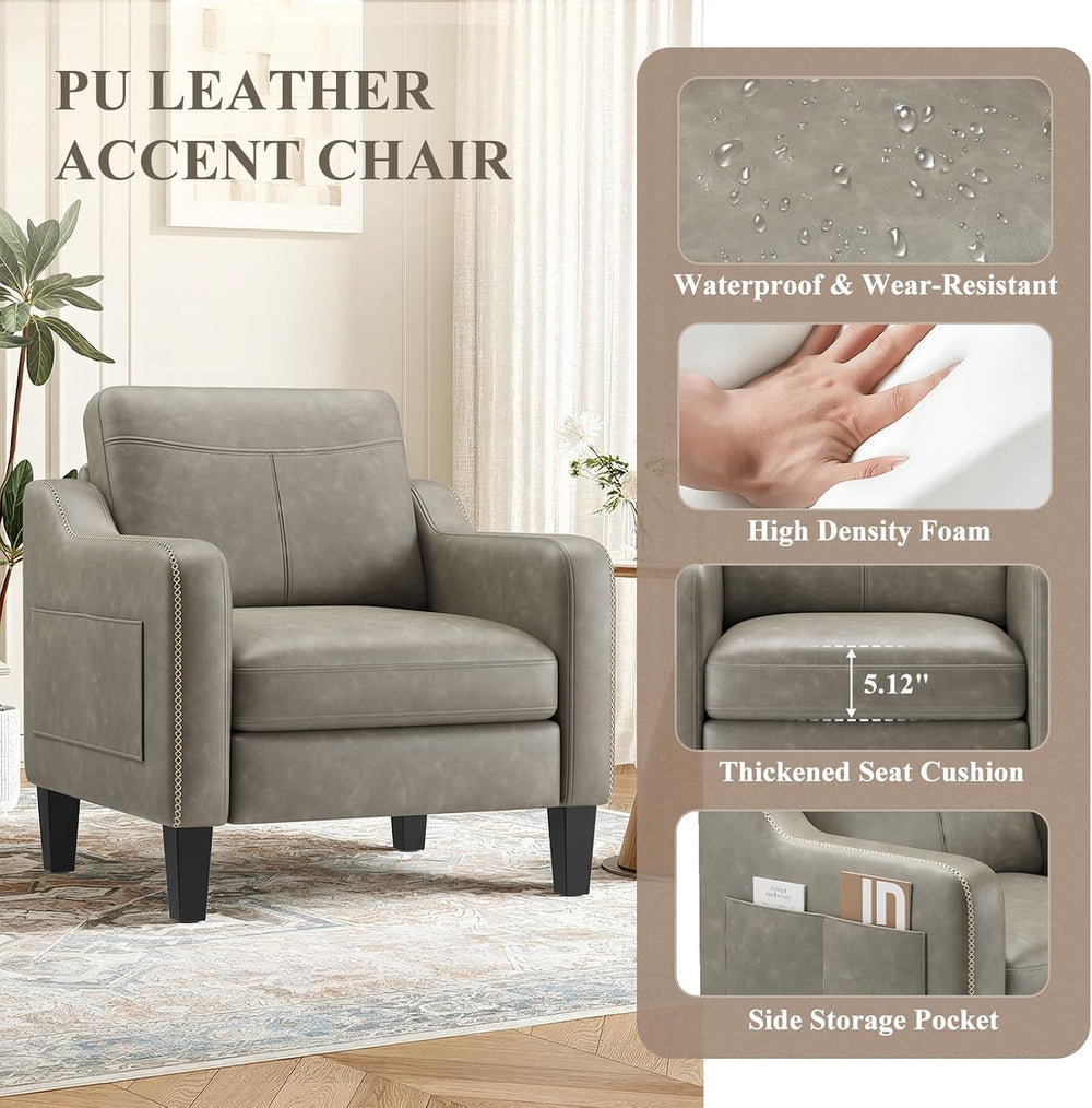 MALOL PU Leather Accent Chair, Mid-Century Modern Living Room Armchair Sofa w...