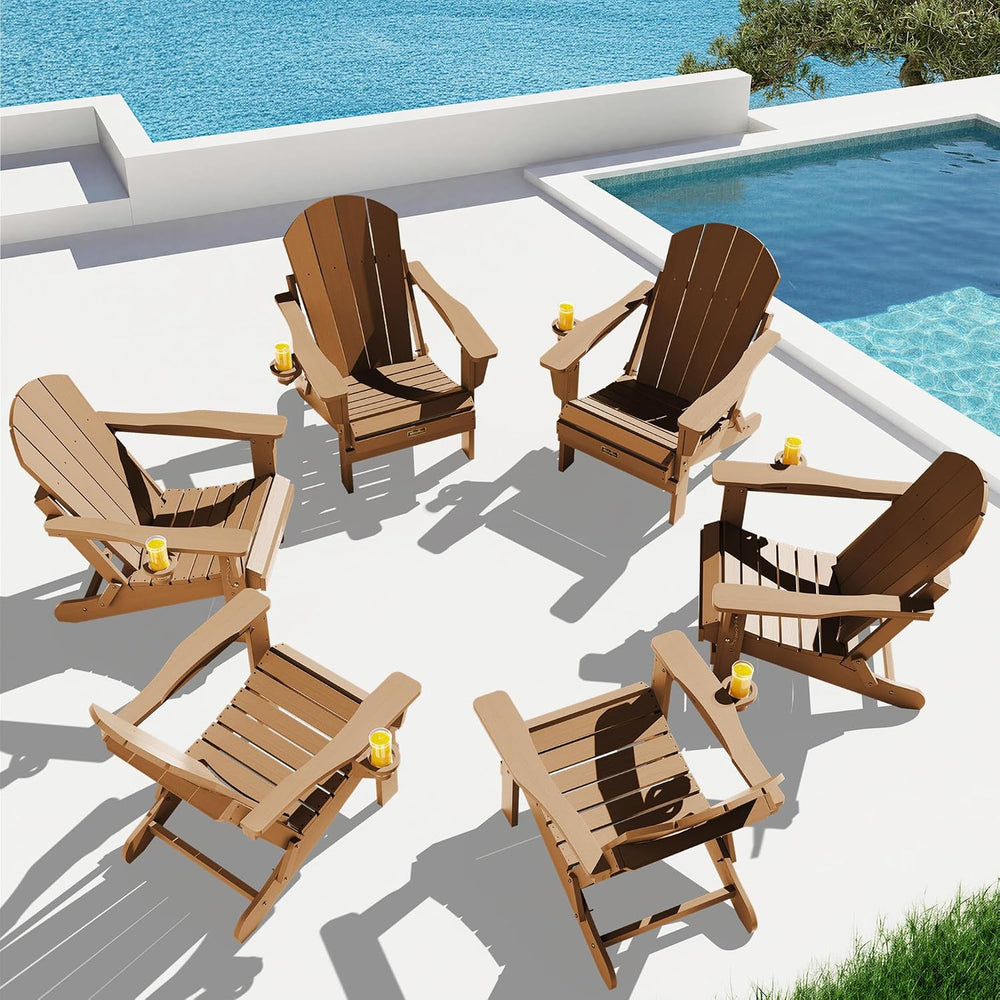 SERWALL Folding Adirondack Chair Set of 4 Patio Chair with Cup Holder-Brown