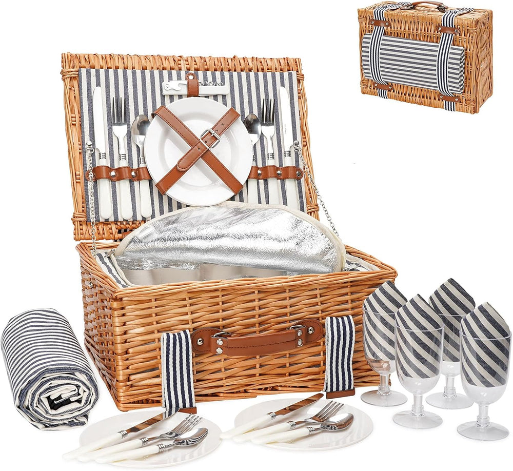 WICKERLAND Picnic Basket Set for 4 Persons w/Blanket & Insulated Cooler