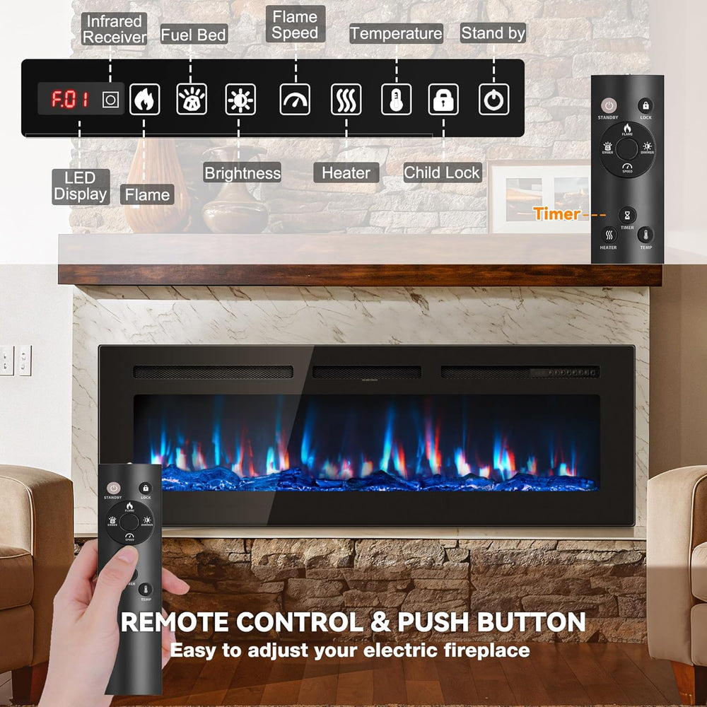 Manastin 50" Electric Fireplace Heater, Multi-Color Recessed Wall Mounted