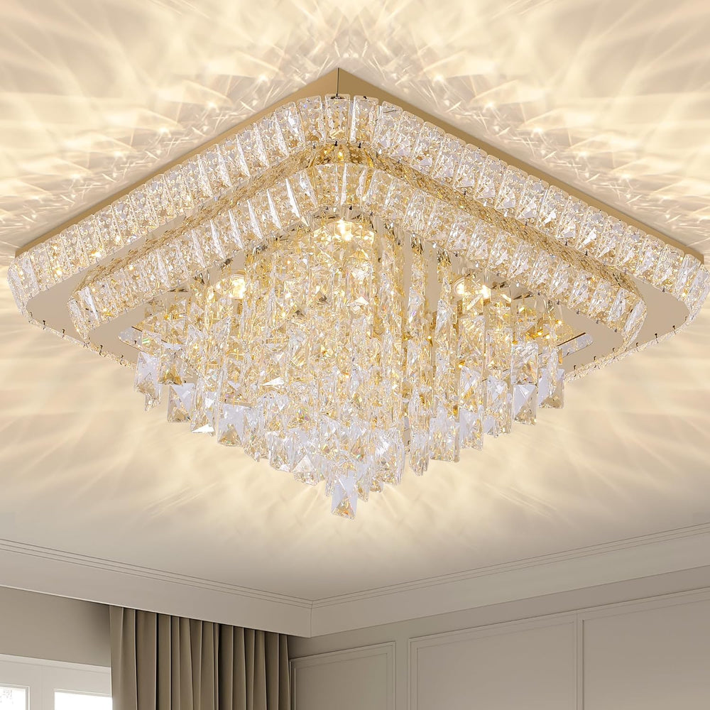 Miuyhji Elegant Crystal Raindrop Ceiling Light Gold Flush Mount Chandelier