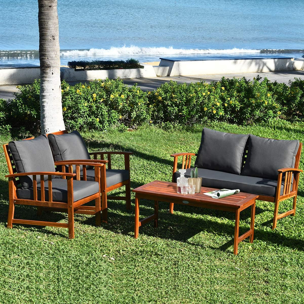 Tangkula 4 Pieces Acacia Wood Patio Furniture Set, Outdoor Seating Chat Set w...