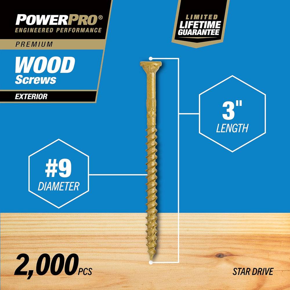Power Pro Exterior Wood Screws, #9 x 3in Flat Head, 2000 Pieces, Bronze