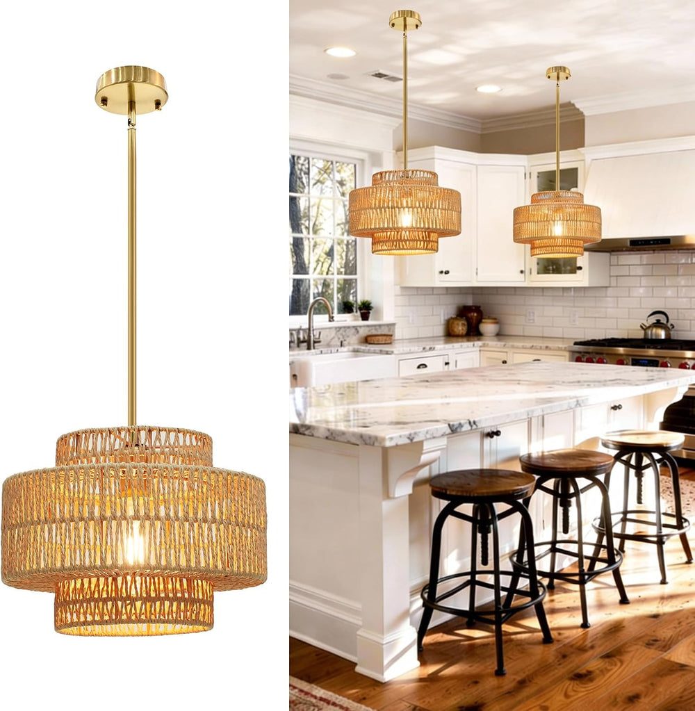Phaosio 12.4" Boho Rattan Chandelier Hand Woven Rattan Pendant Light