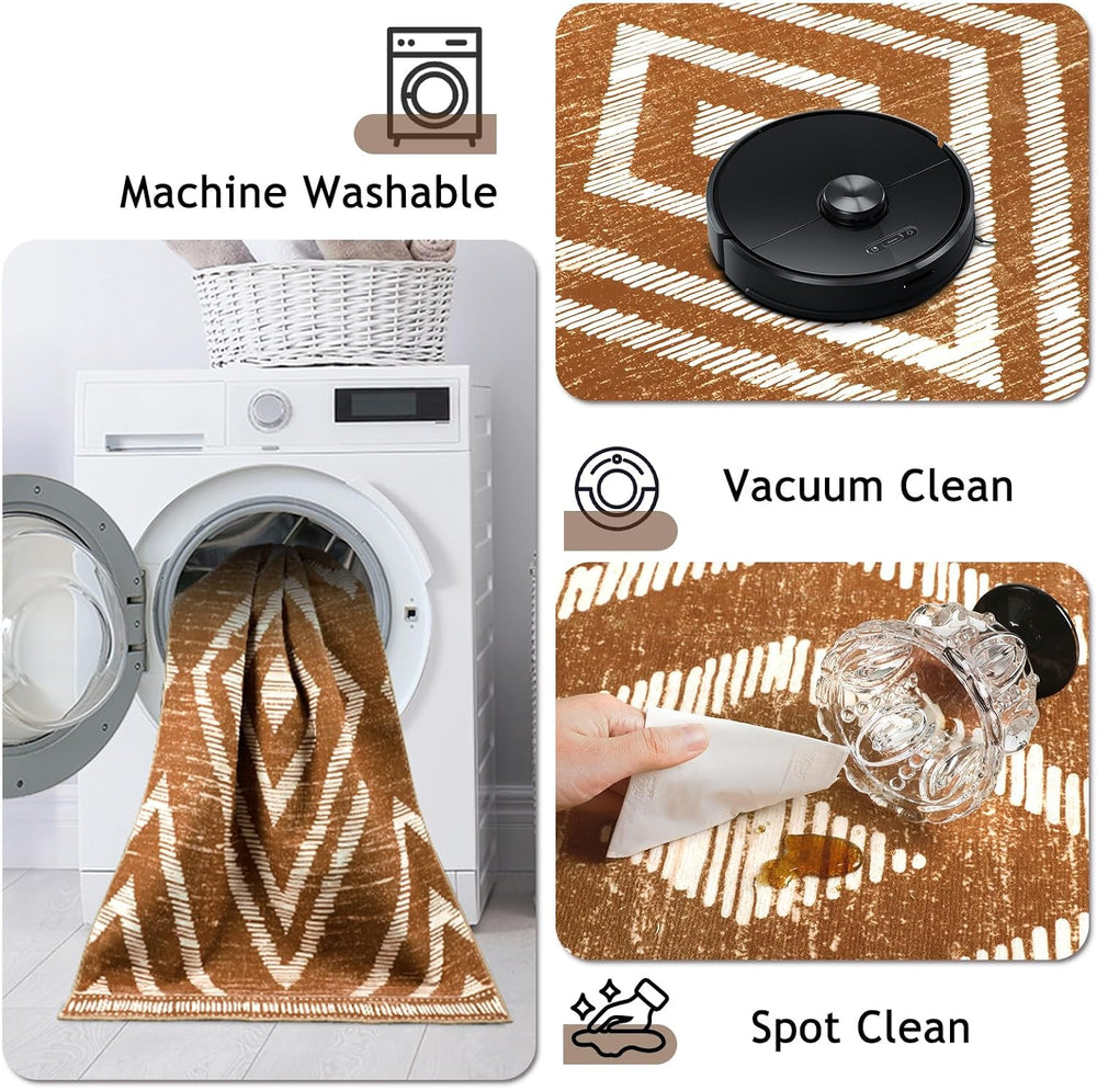 Brown Boho Hallway Runner Rugs 2x10ft Non Slip Washable for Kitchen