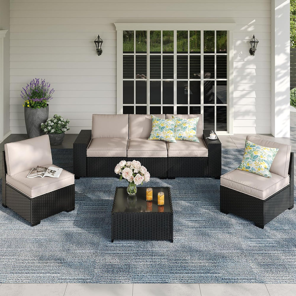 Patio Furniture Set, 6 Pieces Outdoor Couch Sofa with Wider Armrests & Gl...