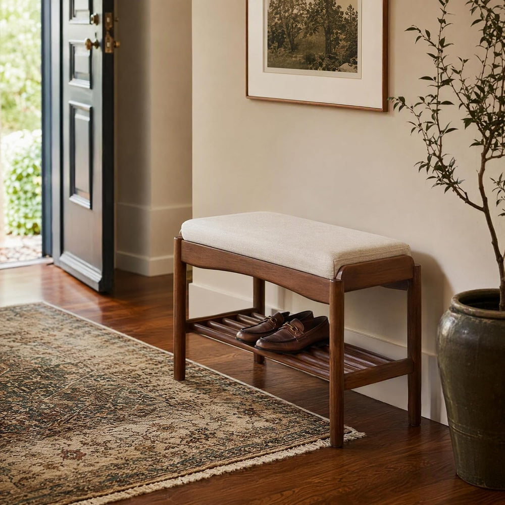 Black Walnut Shoe Bench Assembled, Solid Wood Shoe Rack Bench with Cushion fo...
