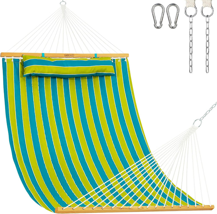 Lazy Daze Double Quilted Hammock with Pillow and Carabiners, Green Stripe