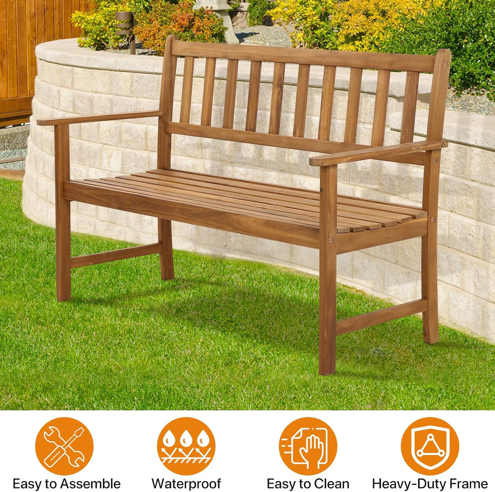 Dkeli Patio Wood Bench Park Garden Outdoor Bench with Armrests Sturdy Acacia ...