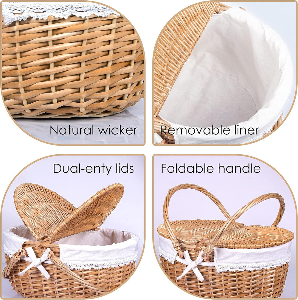 Wicker Picnic Basket with Lid and Handle 15" Sturdy Woven Body with Wash...