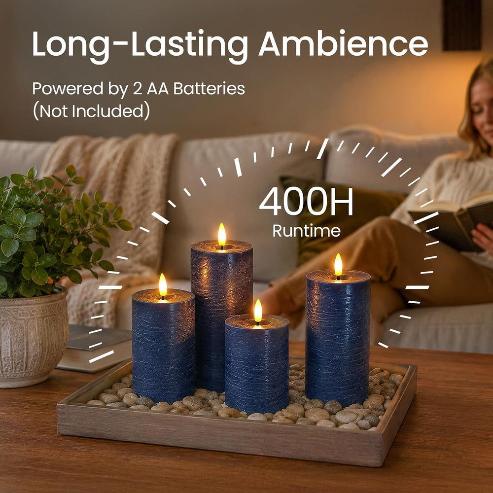 Set of 4 Navy Blue Real Wax Flameless Candles with Remote, Long Lasting Batte...