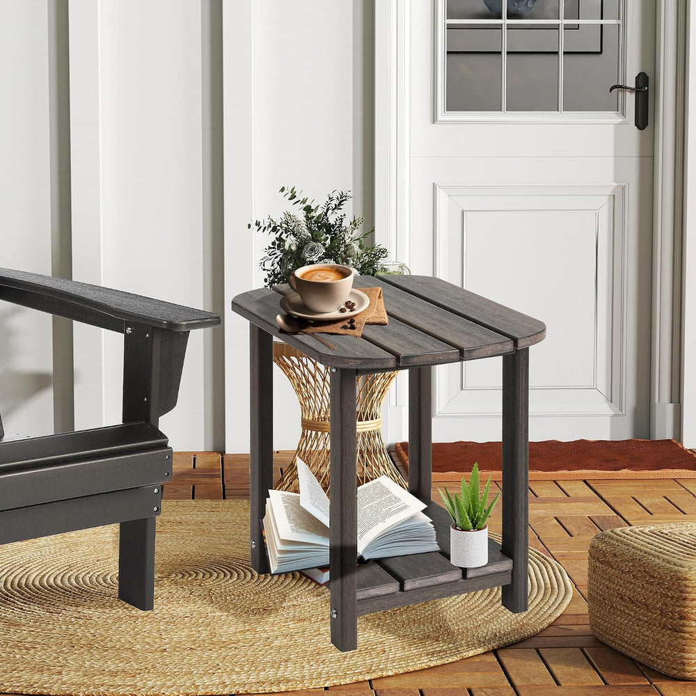 LZRS 2-Tier Patio Side Table, Heavy Duty HDPE Outdoor End Table with Wood Tex...