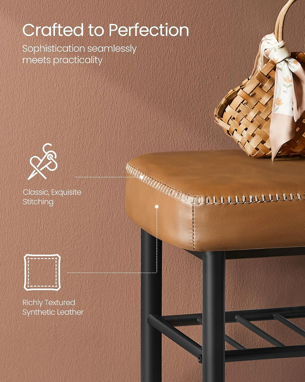 VASAGLE Shoe Bench, Synthetic Leather with Stitching, Loads 300 lb