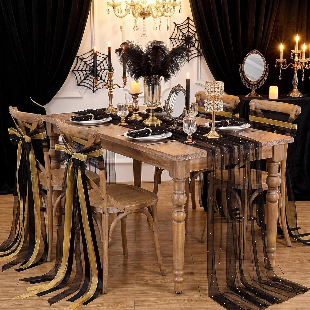 Pearl Gauze Tulle Table Runner Black Halloween 120 Inch 10FT Sheer Dining