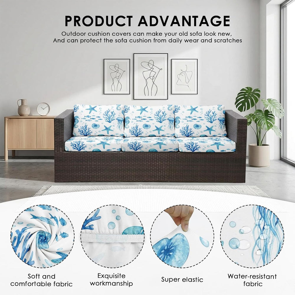 Patio Cushion Covers, 8 Pcs, Stretch, Outdoor, Coastal Marine