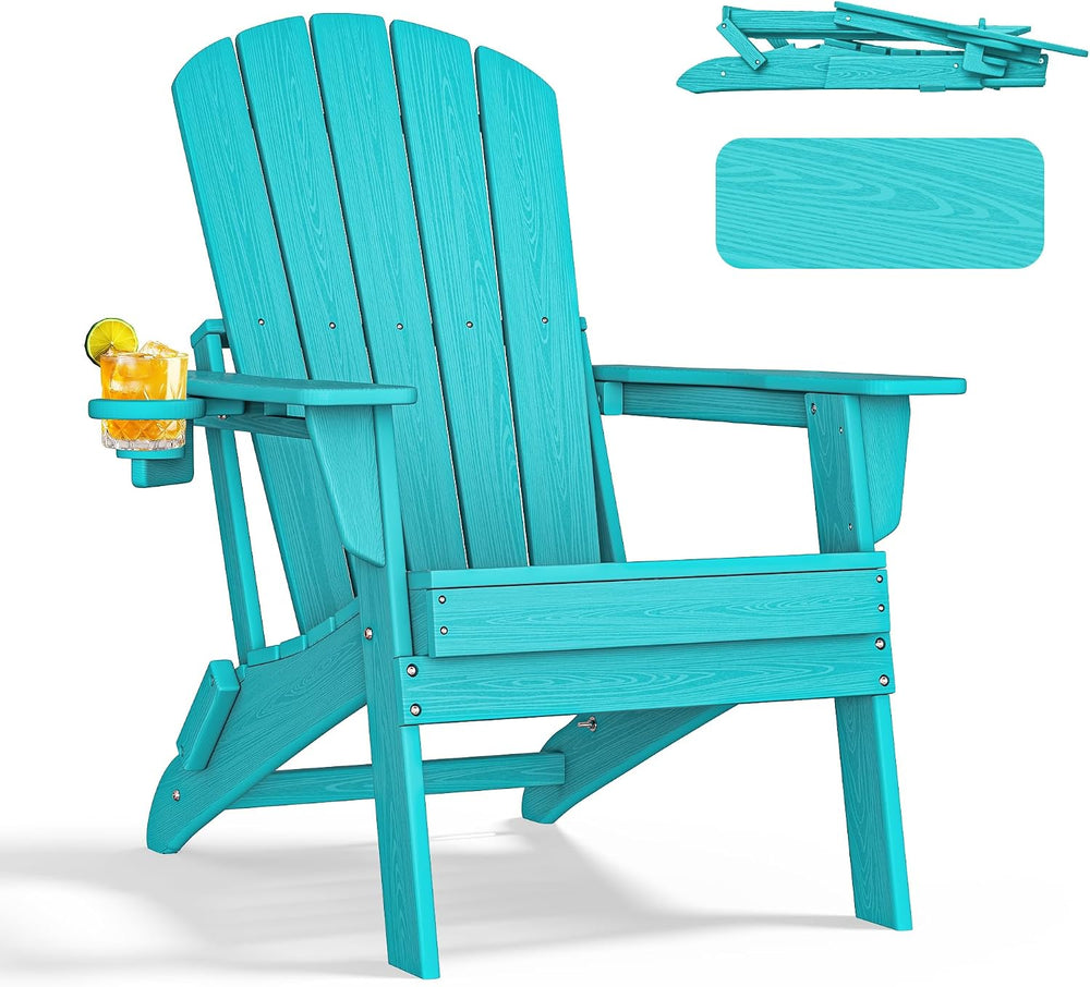 nevilywood Folding Adirondack Chair, HDPE Ergonomic Cup Holder, Aruba