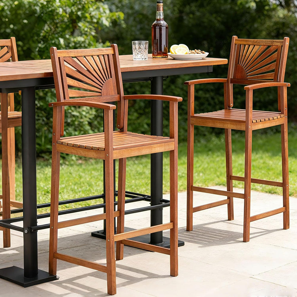 COSTWAY 29'' Outdoor Acacia Wood Bar Chairs Set of 4 with Back and Ar...