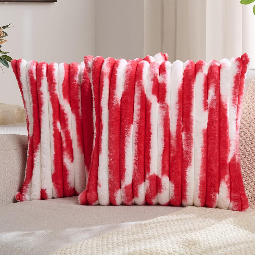 FUTEI Pack of 2 Faux Fur Throw Pillow Covers 26x26 Inch, Red White
