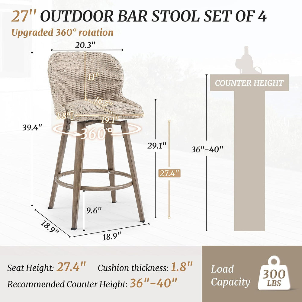 Cozyman Swivel Outdoor Bar Stools Set of 4, 27" Counter Wicker Patio Cha...
