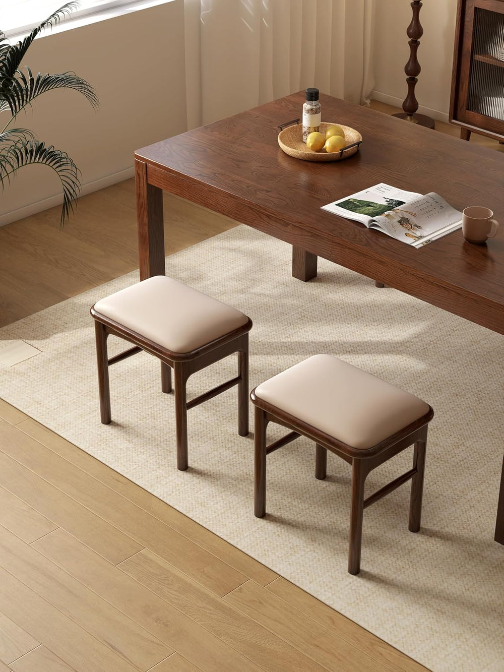 Upholstered Stool with Solid Wood Leg, Leather Padded Dining Ottoman Walnut F...