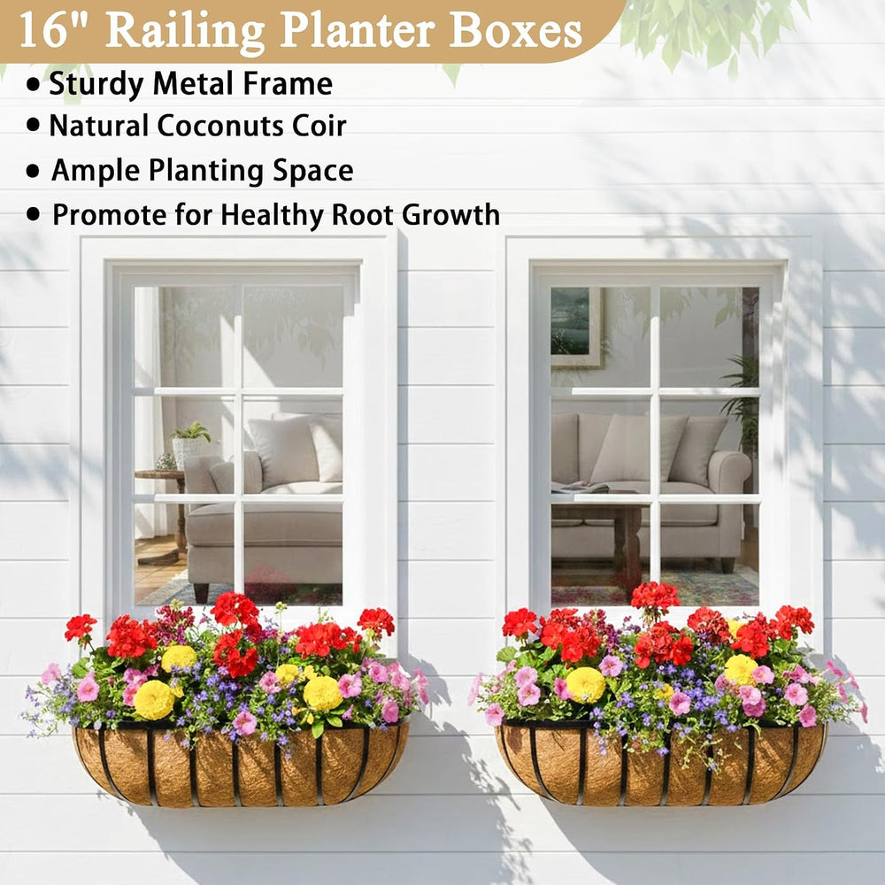 Window Box Railing Planter with Coco Liner 2 Pack 16 Inch Metal Hanging Flowe...