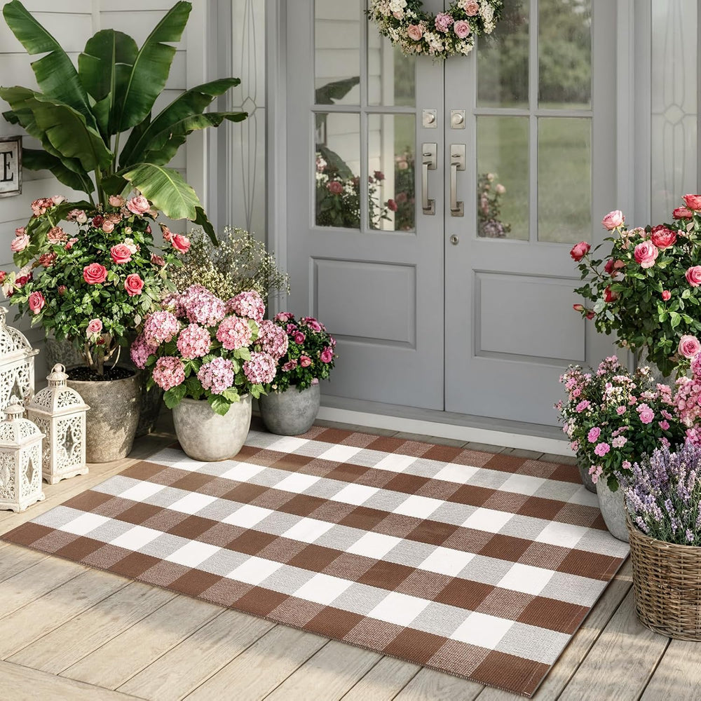 Fall Front Door Mat 3'x5' Buffalo Plaid Checkered Outdoor Rug Brown