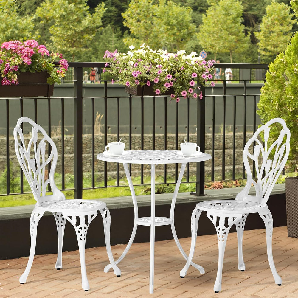Outvita 3 Piece Cast Aluminum Bistro Set, Tulip Pattern White