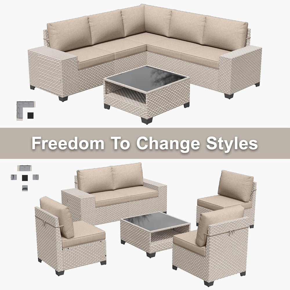 6-Piece Outdoor Patio Furniture Set, Modular Sectional Sofa Set with Glass Co...