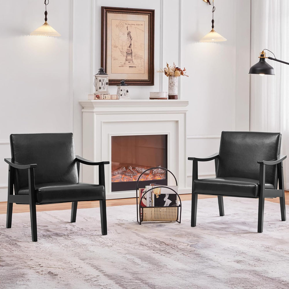 Yaheetech Accent Chairs Set of 2, Mid-Century Faux Leather Armchairs, Black