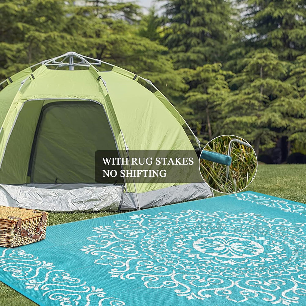 Pauwer Outdoor Rug 9x12, Waterproof Plastic Straw Camping Rug, Floral Teal