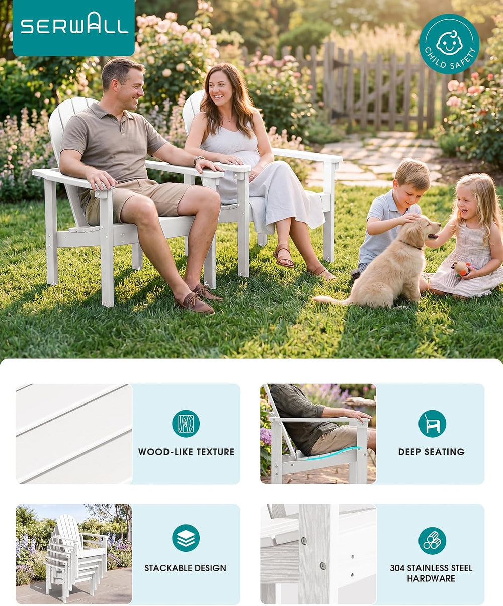 SERWALL HDPE Stackable Adirondack Chairs Set of 4,Space-Saving, White