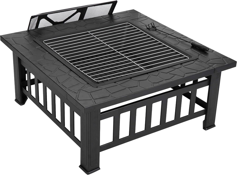 32 Inch Outdoor Fire Pit with Spark Screen Lid and Waterproof Cover, Square M...