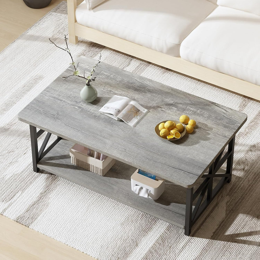 AWQM Gray Coffee Table for Living Room with Round Corners, 2 Tier Living Room...