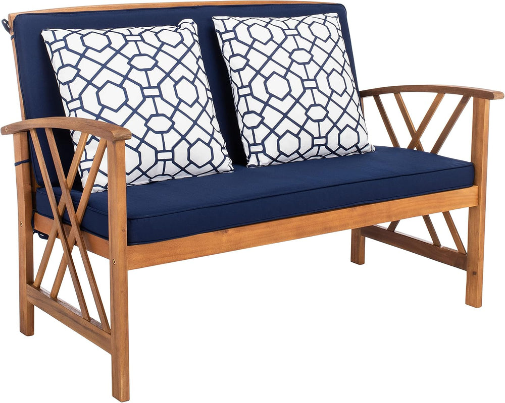 SAFAVIEH Outdoor Collection Fontana Natural/ Navy Blue Cushions/ Geometric Pa...