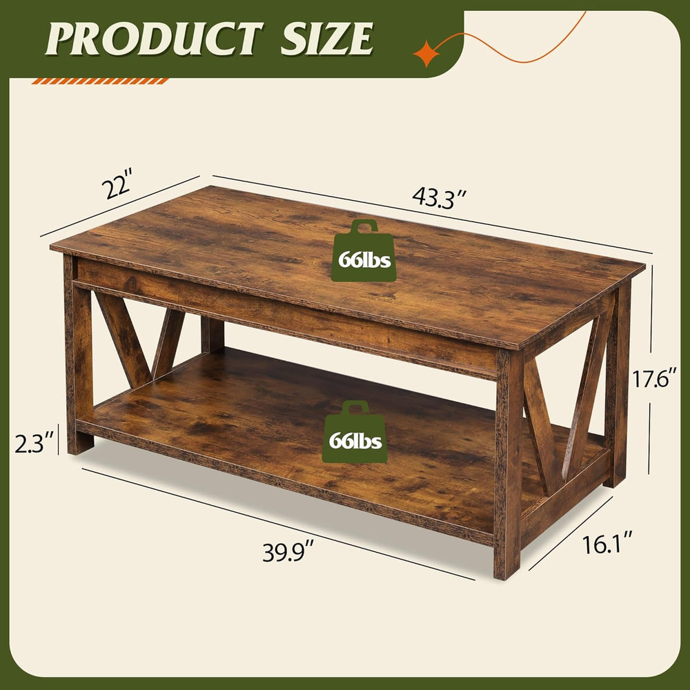 WLIVE Coffee Table, 43.3 Inch Farmhouse Table with Storage, Rustic Brown
