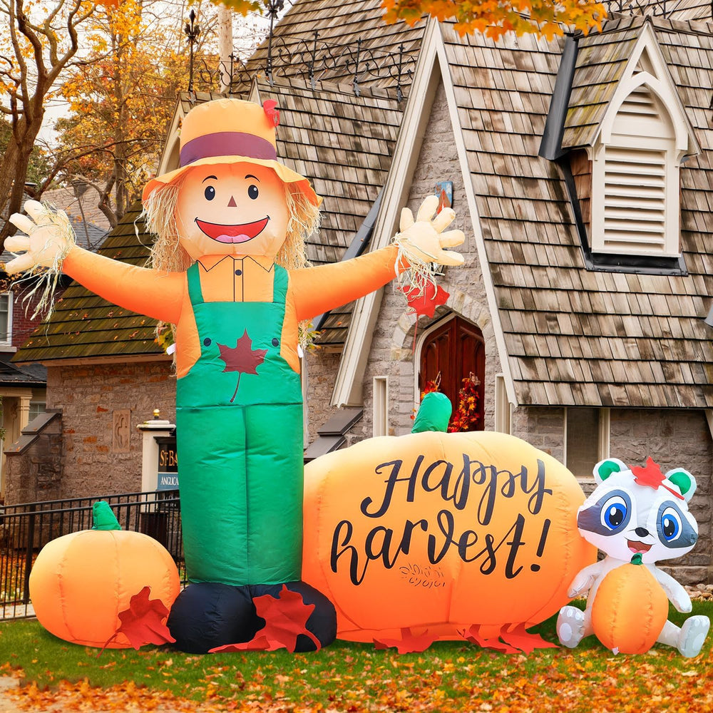 DomKom 6ft Tall LED Lighted Inflatable Scarecrow and Pumpkin – Halloween Than...