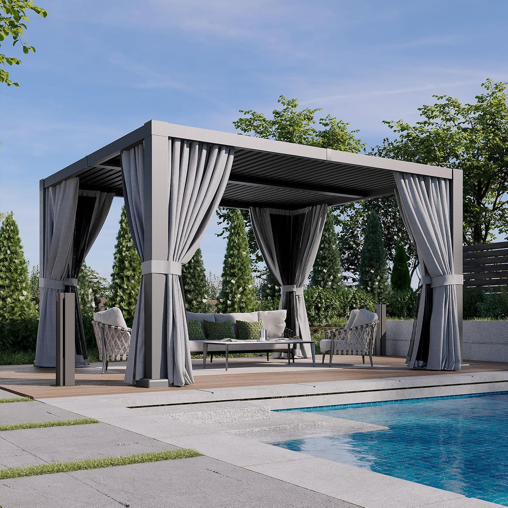 Aoxun Louvered Pergola 10x12 All-Aluminum, Waterproof Curtains and Netting