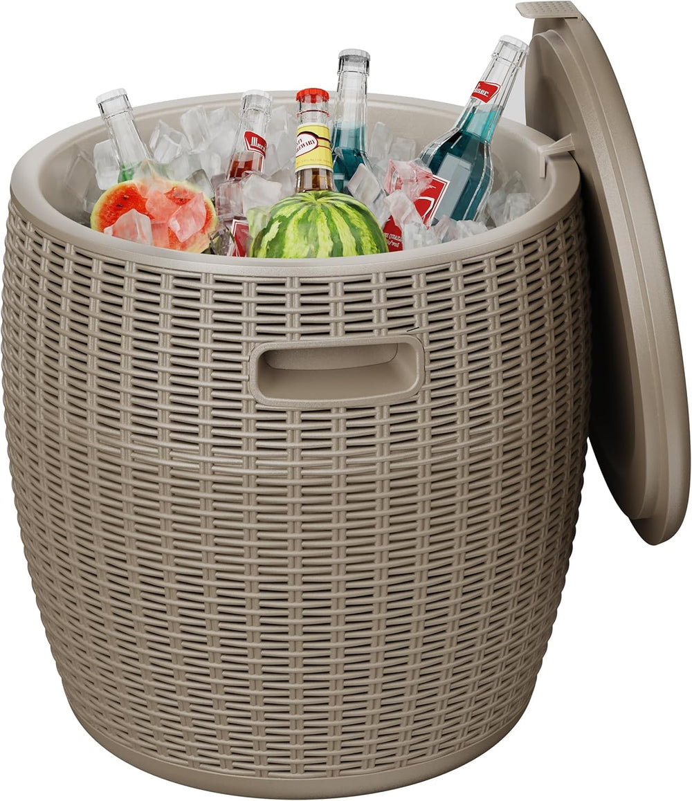 EasyUp 9.5 Gallon Outdoor Cooler Table, Wicker Round Ice Bucket for Parties, ...