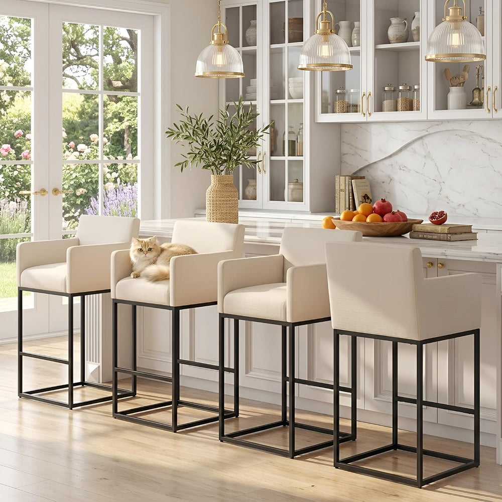 HNY Modern Counter Height Bar Stools Set of 2, 26 Inch Cream Linen Barstool