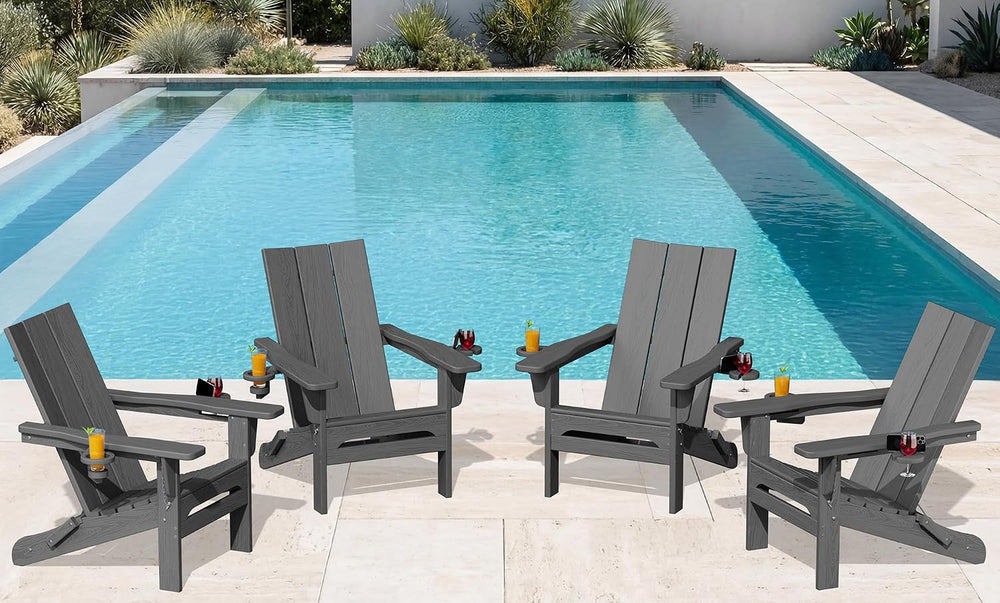 SERWALL Modern Folding Adirondack Chairs Set of 4, HDPE, Cup Holders, Gray