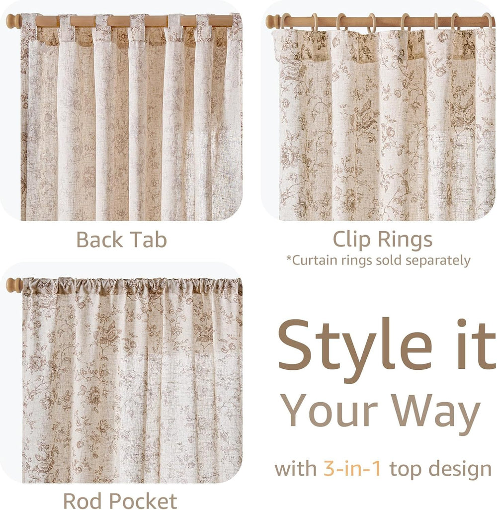 jinchan Linen Curtains 96 inch Taupe Floral Farmhouse Rod Pocket 2 Panels