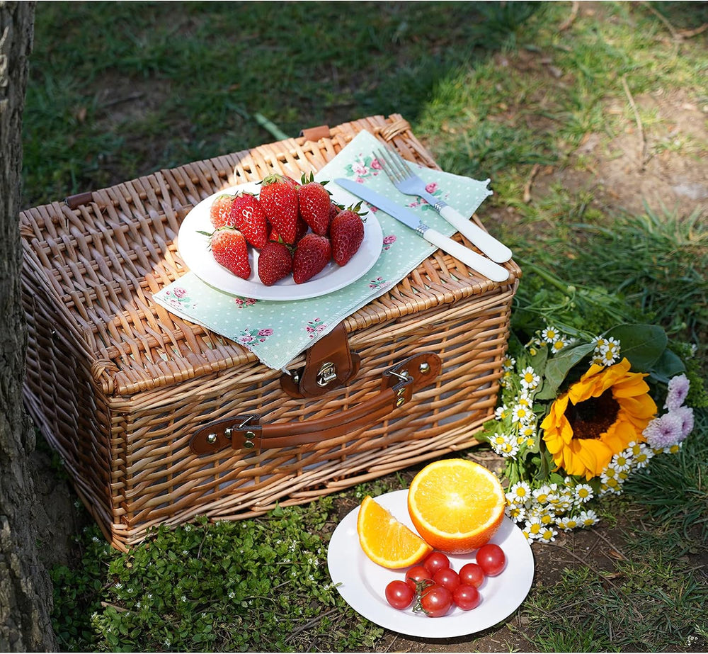 Wicker Picnic Basket for 2, Vintage Picnic Basket - Flower