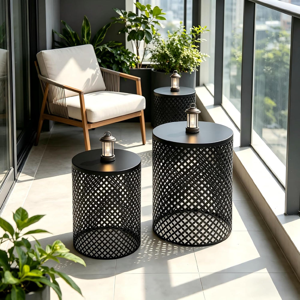Set of 2 Outdoor Side Table, Garden Stool for Patio, Metal Accent Table Moder...