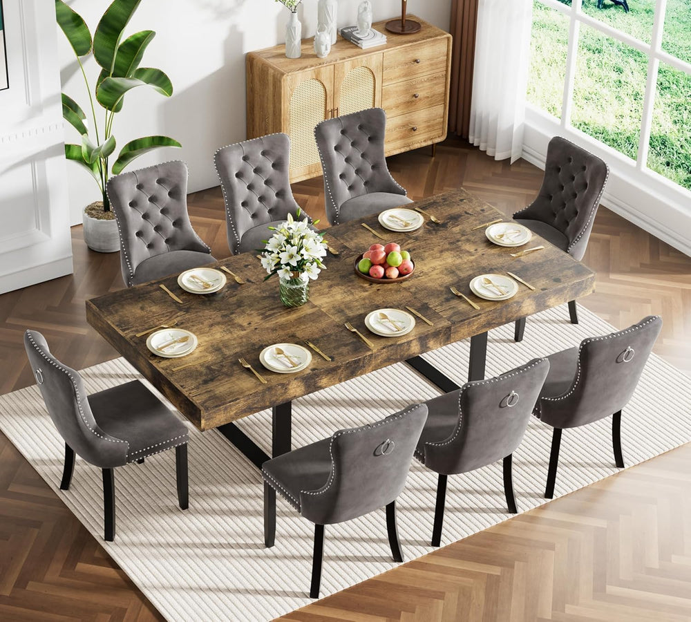 9-Piece Extendable Dining Table Set for 8, 63-78 Inch Rustic Brown Kitchen Ta...