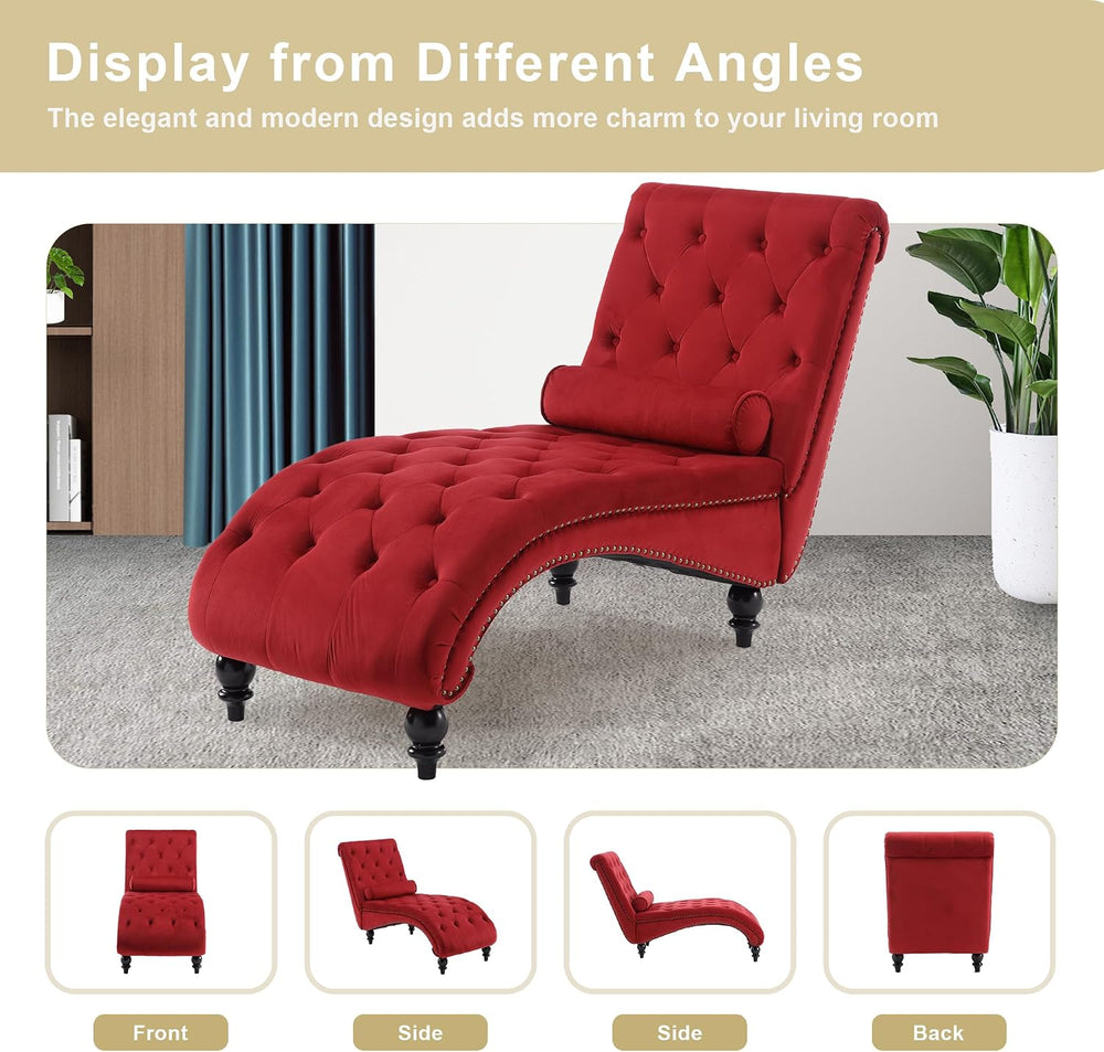 Chaise Lounge Indoor,Velvet Upholstered Lounge Chair Button-Tufted Armless Ch...