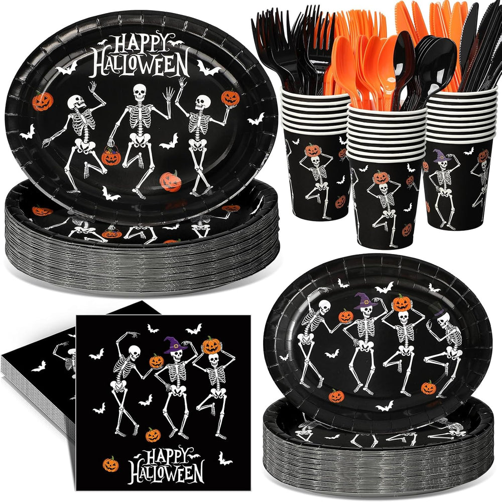 Pajean 350 Pcs Halloween Oval Paper Plates Set 12 inch Skeleton Oval Plates